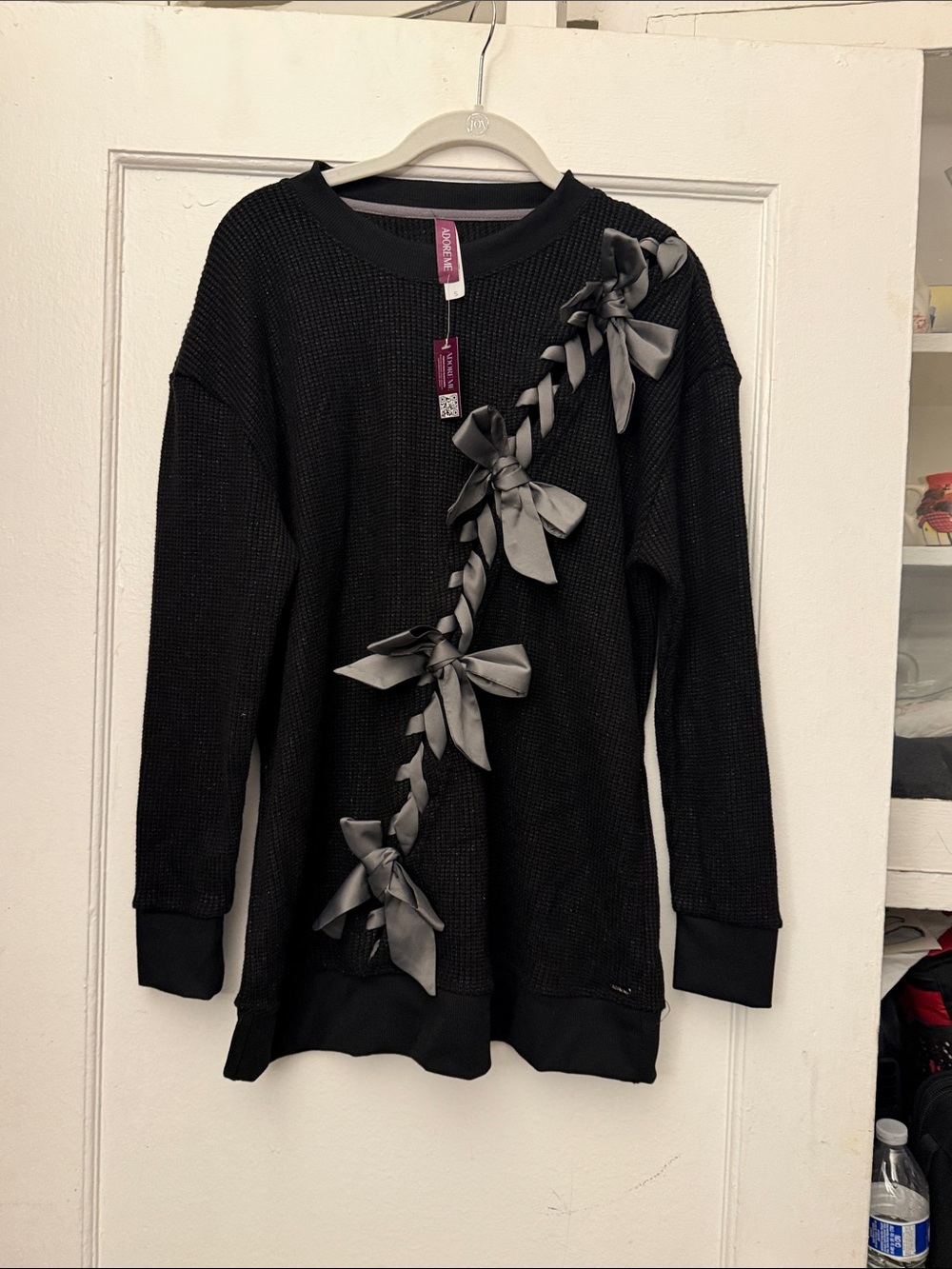 Adore Me Black Crewneck Sweater with Gray Ribbon Bows